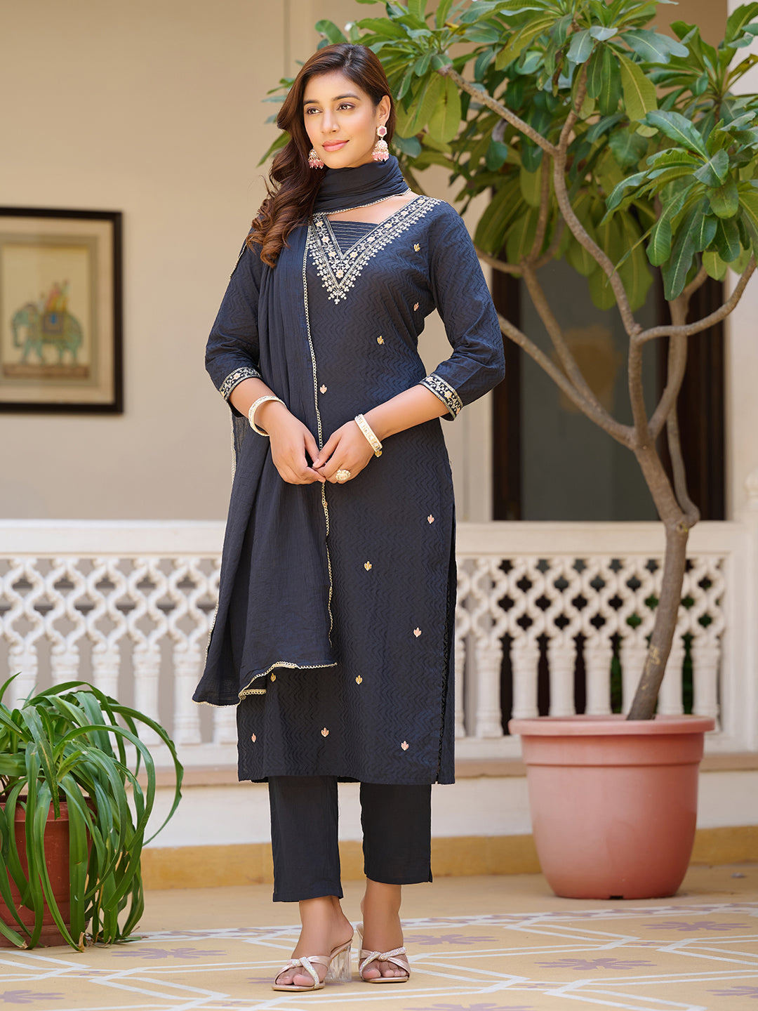 Sequined & Zari Embroidered Kurta With Pant & Dupatta, Navy Blue - Hiral Fashion | Grocsy