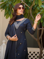 Sequined & Zari Embroidered Kurta With Pant & Dupatta, Navy Blue - Hiral Fashion | Grocsy