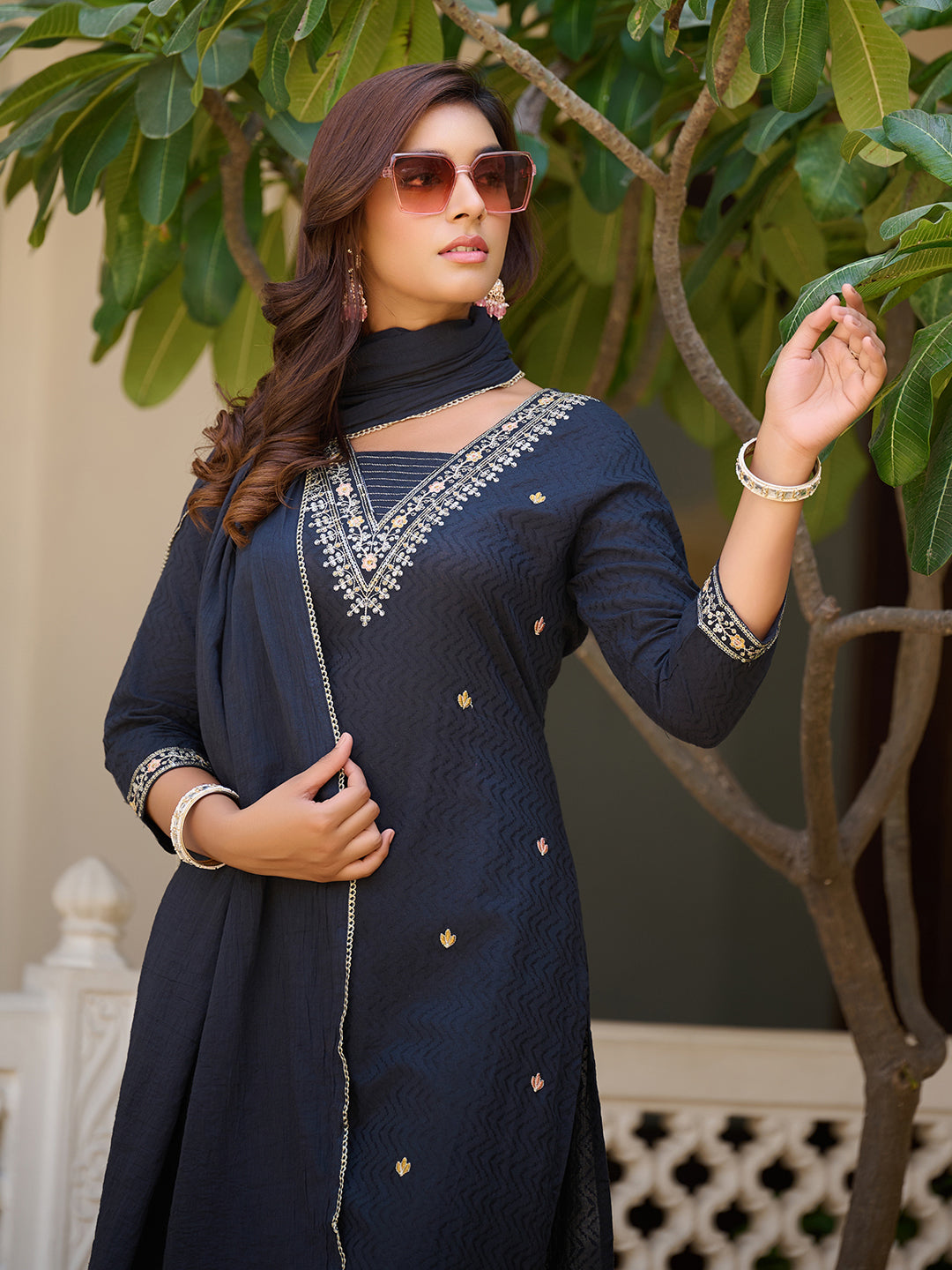 Sequined & Zari Embroidered Kurta With Pant & Dupatta, Navy Blue - Hiral Fashion | Grocsy
