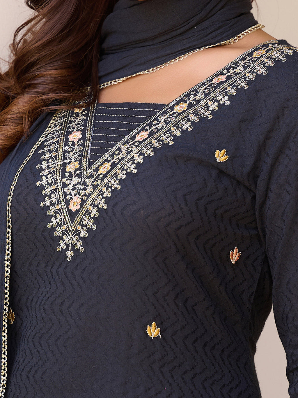 Sequined & Zari Embroidered Kurta With Pant & Dupatta, Navy Blue - Hiral Fashion | Grocsy