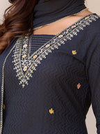 Sequined & Zari Embroidered Kurta With Pant & Dupatta, Navy Blue - Hiral Fashion | Grocsy