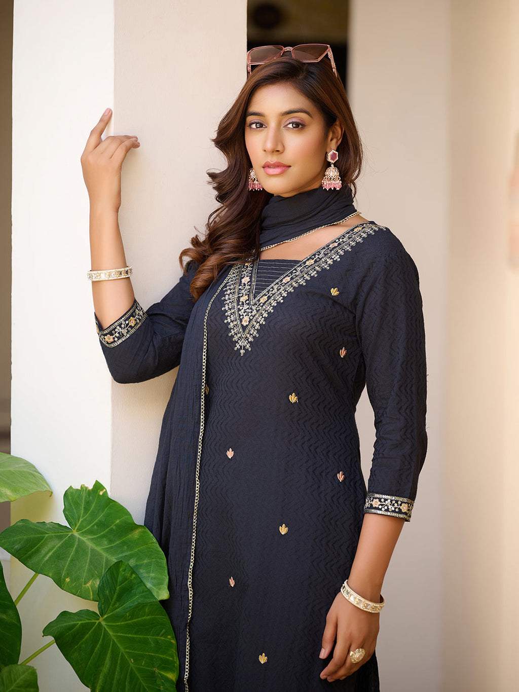 Sequined & Zari Embroidered Kurta With Pant & Dupatta, Navy Blue - Hiral Fashion | Grocsy