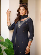 Sequined & Zari Embroidered Kurta With Pant & Dupatta, Navy Blue - Hiral Fashion | Grocsy