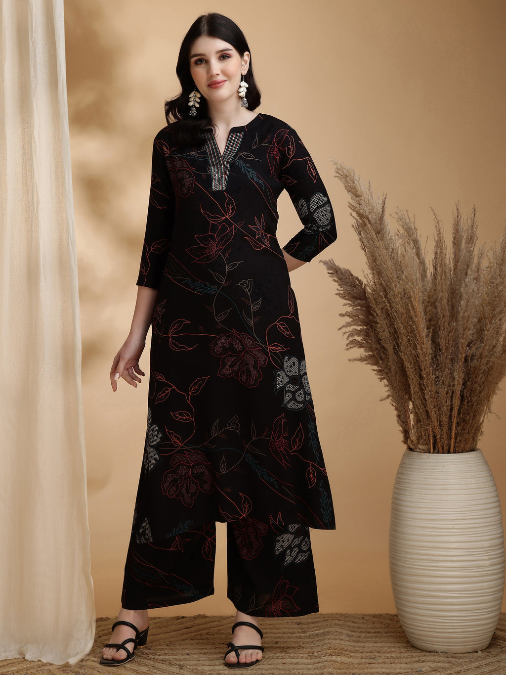 Floral Printed Kurta Pallazo Set, Black - Hiral Fashion | Grocsy