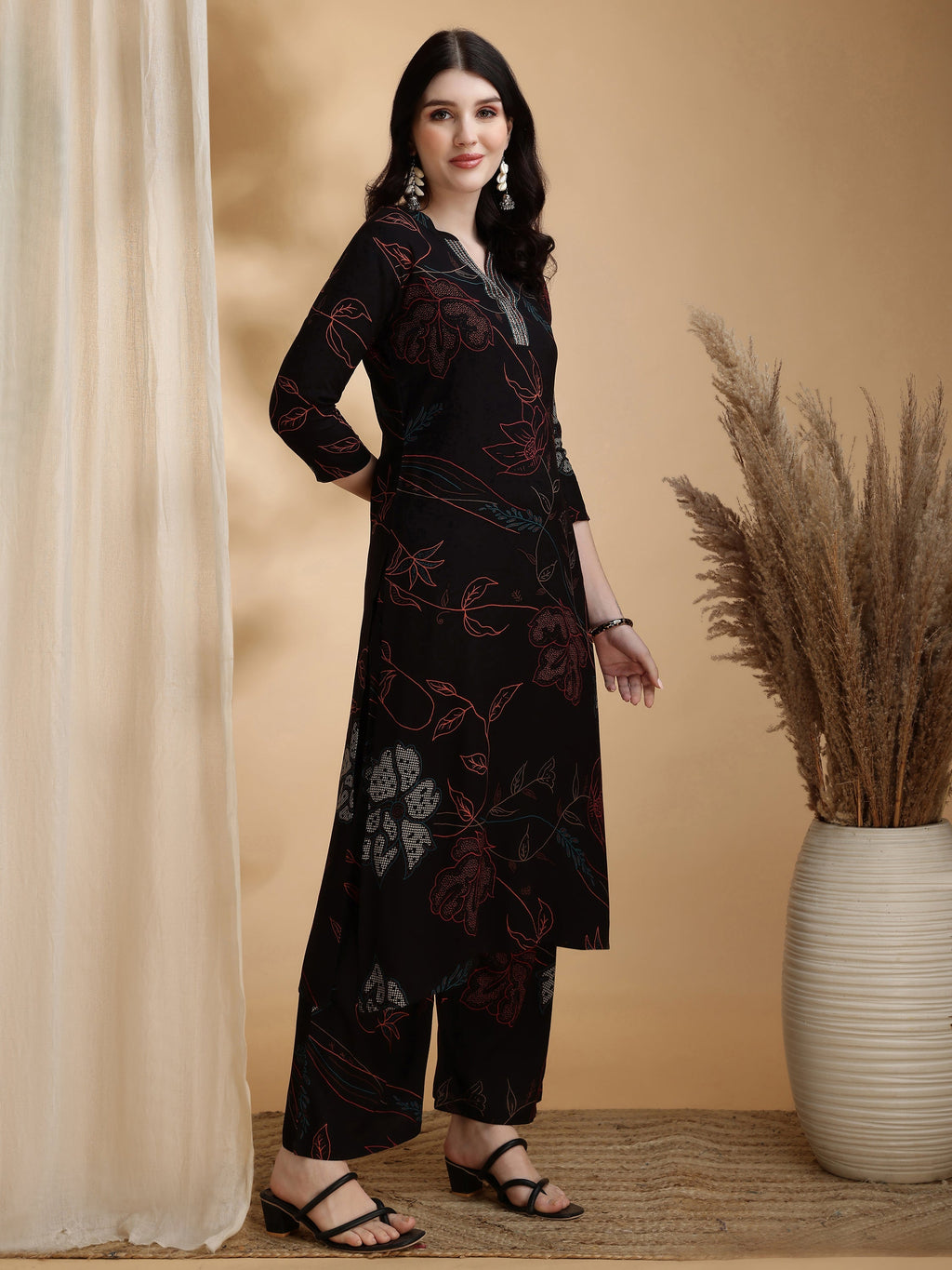Floral Printed Kurta Pallazo Set, Black - Hiral Fashion | Grocsy