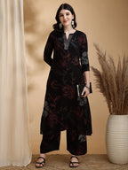 Floral Printed Kurta Pallazo Set, Black - Hiral Fashion | Grocsy