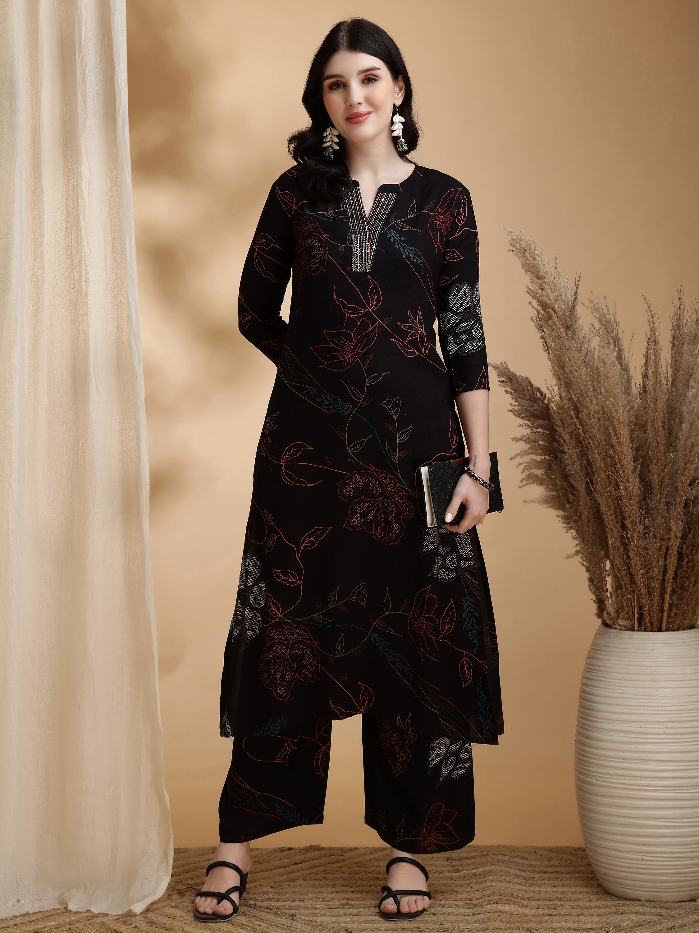 Floral Printed Kurta Pallazo Set, Black - Hiral Fashion | Grocsy