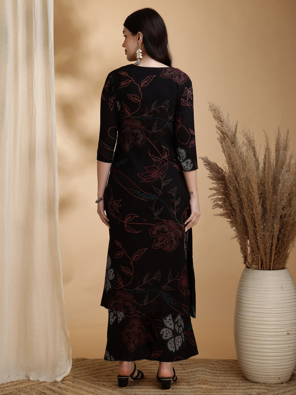 Floral Printed Kurta Pallazo Set, Black - Hiral Fashion | Grocsy
