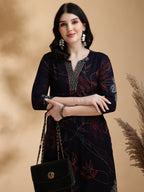 Floral Printed Kurta Pallazo Set, Navy Blue - Hiral Fashion | Grocsy