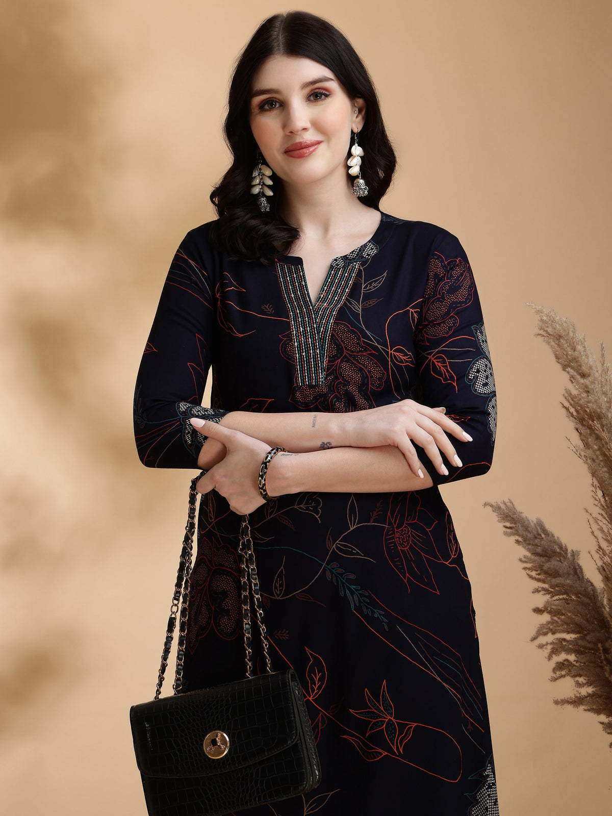 Floral Printed Kurta Pallazo Set, Navy Blue - Hiral Fashion | Grocsy