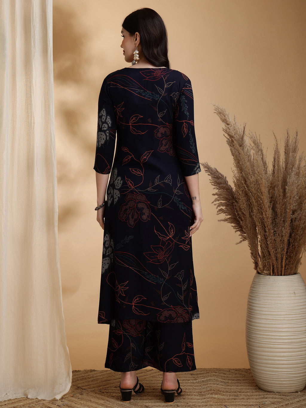Floral Printed Kurta Pallazo Set, Navy Blue - Hiral Fashion | Grocsy