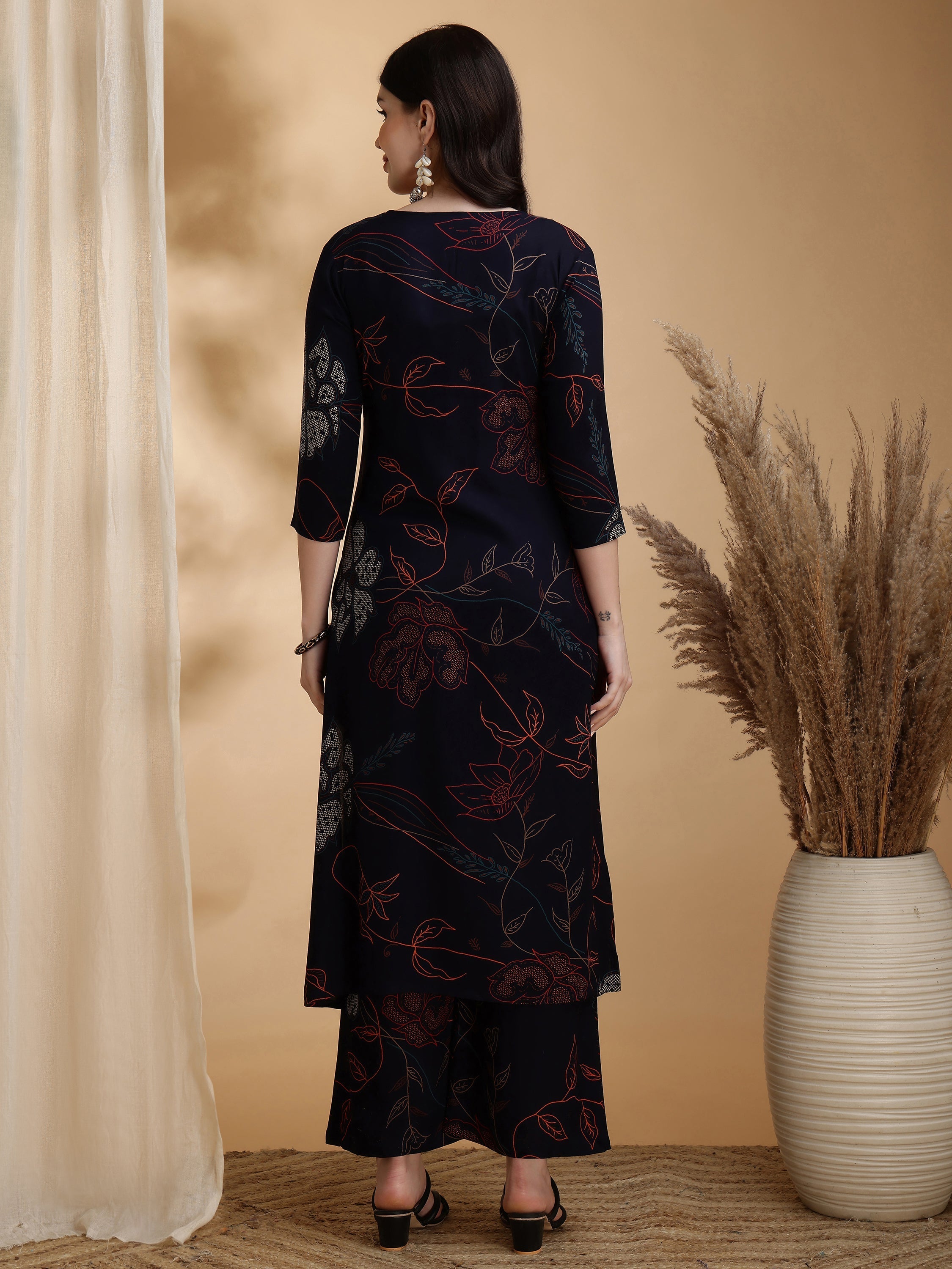 Floral Printed Kurta Pallazo Set, Navy Blue - Hiral Fashion | Grocsy