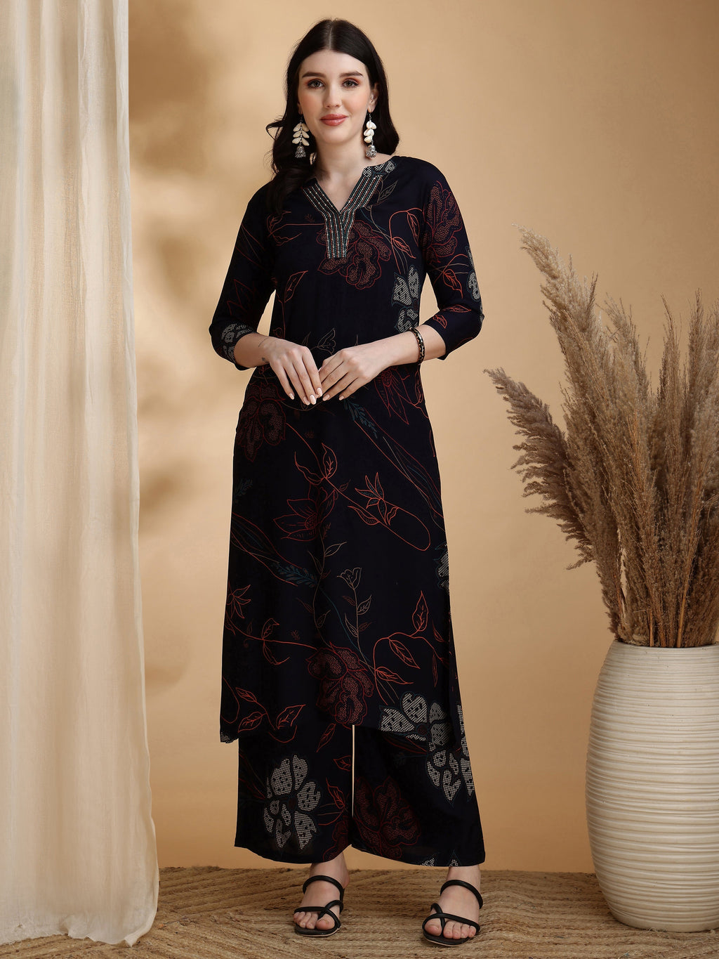 Floral Printed Kurta Pallazo Set, Navy Blue - Hiral Fashion | Grocsy