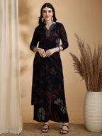 Floral Printed Kurta Pallazo Set, Navy Blue - Hiral Fashion | Grocsy