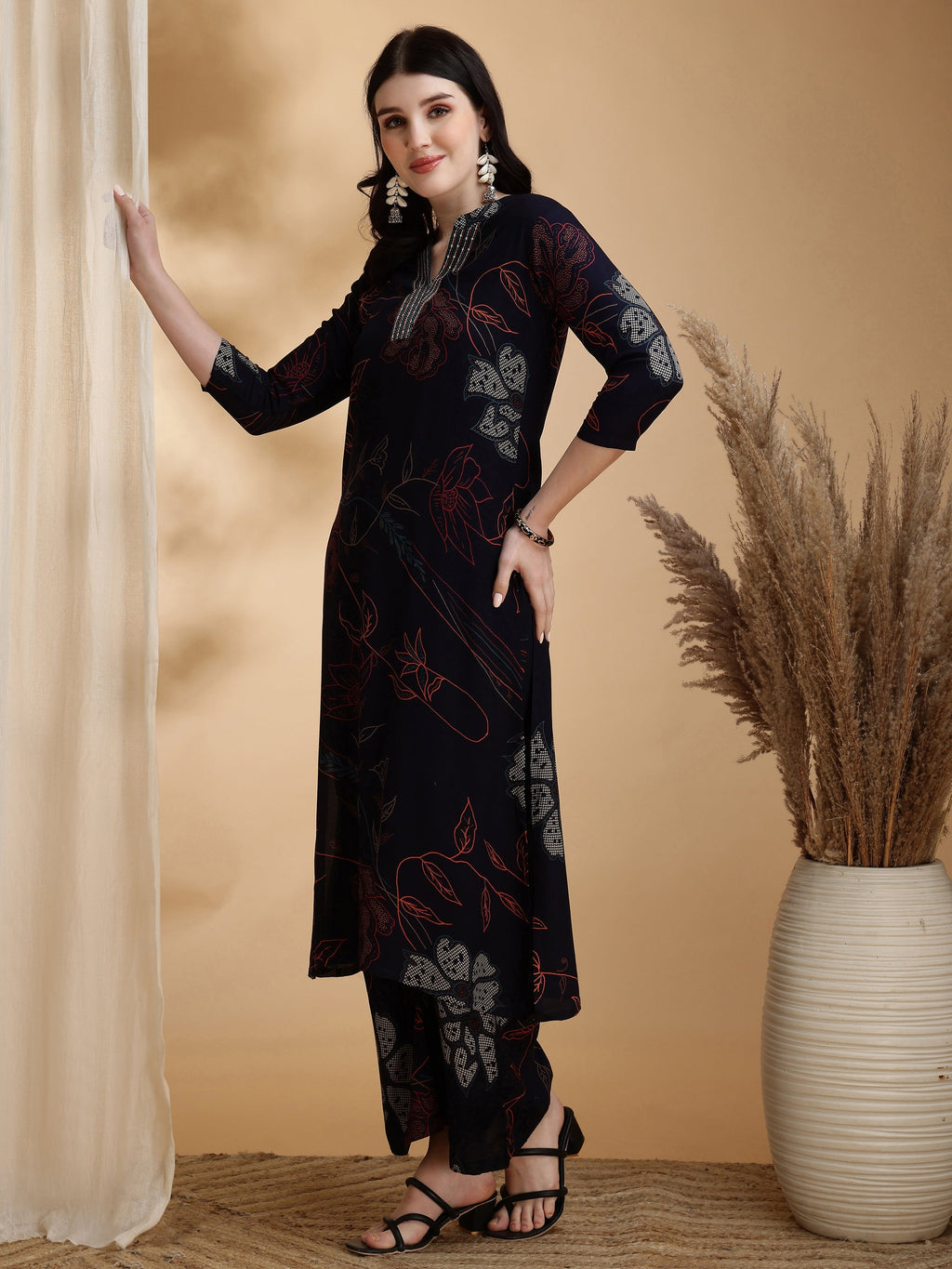 Floral Printed Kurta Pallazo Set, Navy Blue - Hiral Fashion | Grocsy