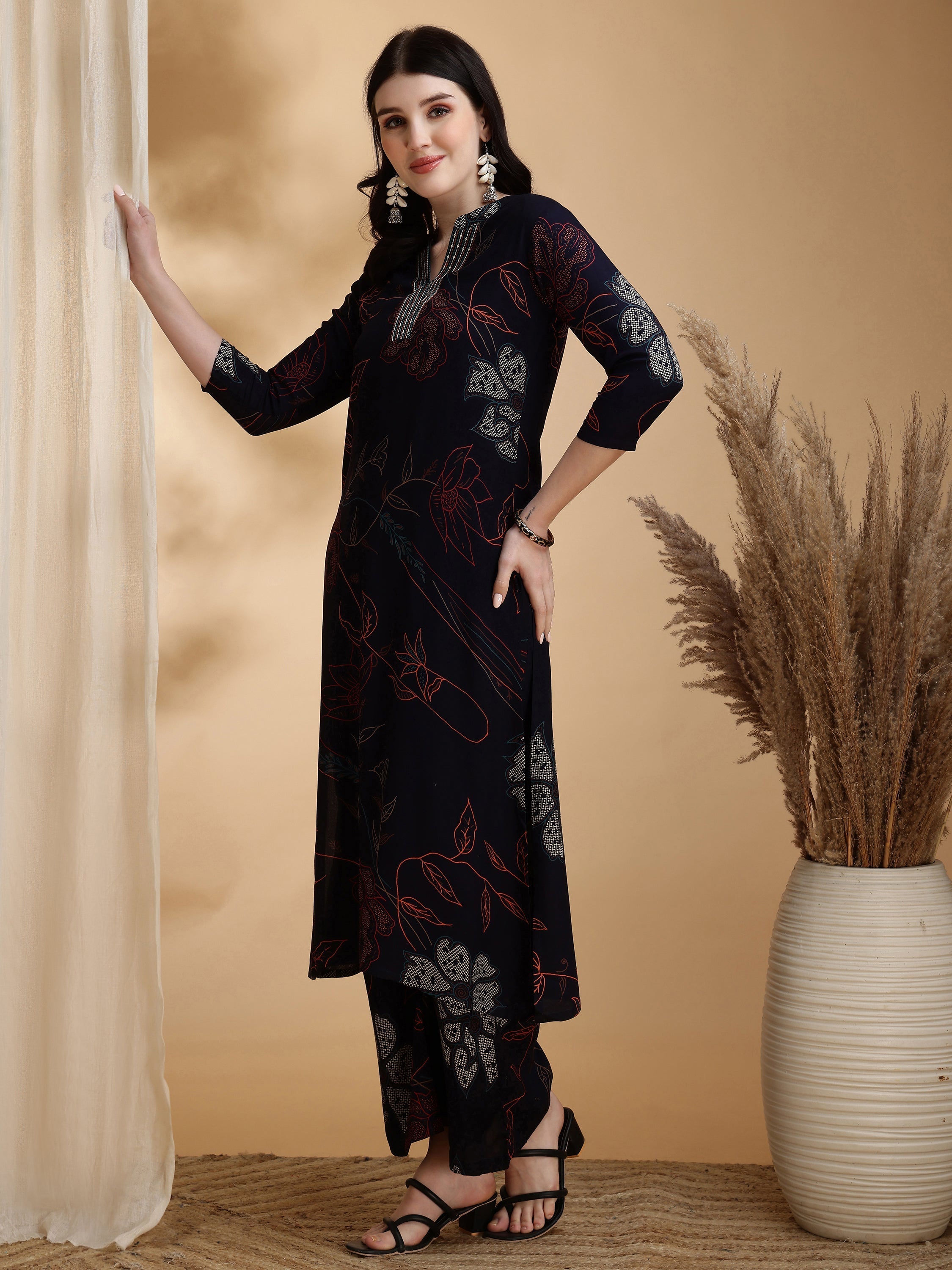 Floral Printed Kurta Pallazo Set, Navy Blue - Hiral Fashion | Grocsy