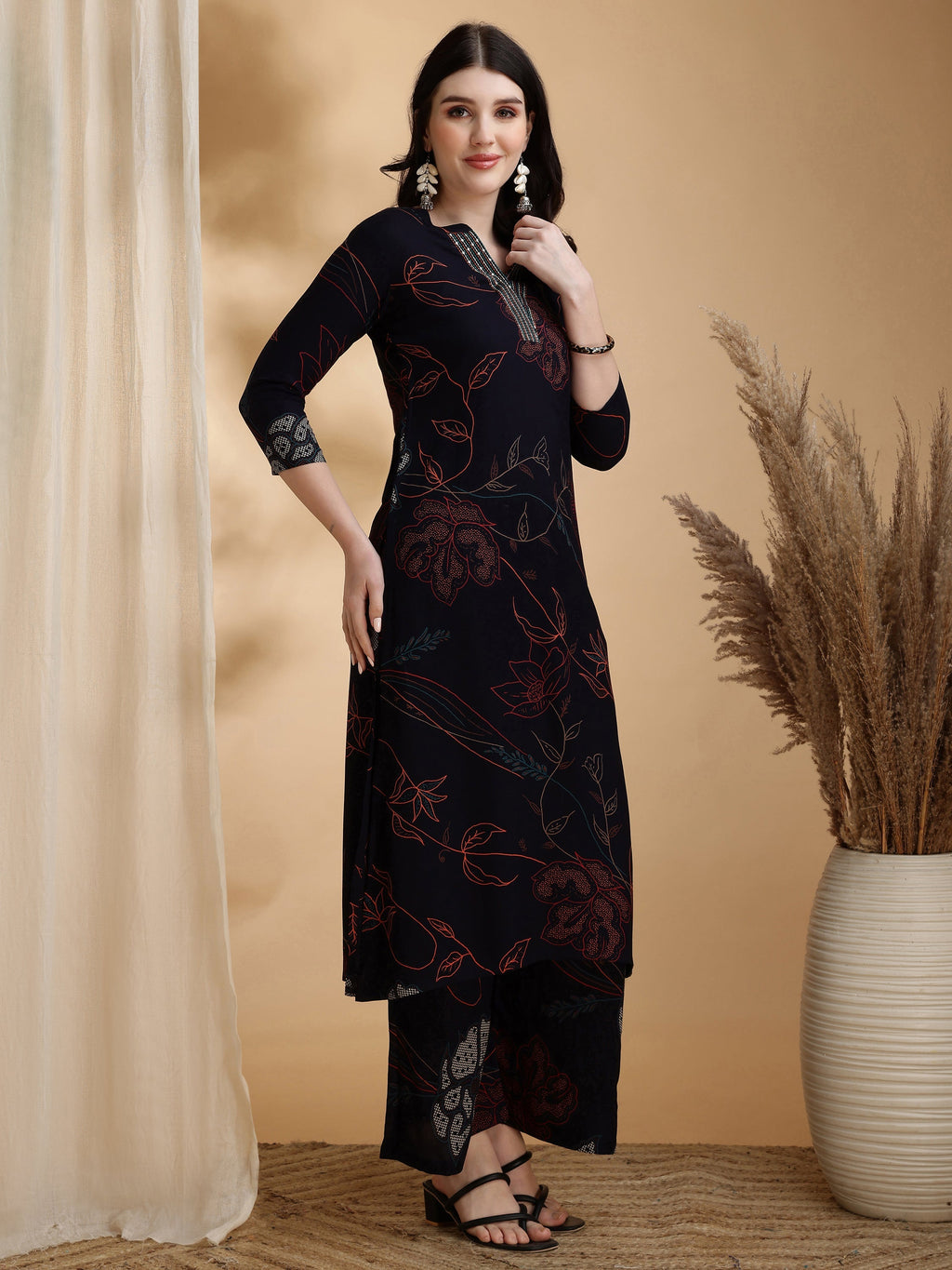 Floral Printed Kurta Pallazo Set, Navy Blue - Hiral Fashion | Grocsy