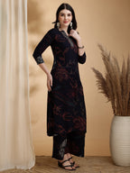 Floral Printed Kurta Pallazo Set, Navy Blue - Hiral Fashion | Grocsy