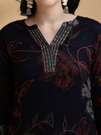 Floral Printed Kurta Pallazo Set, Navy Blue - Hiral Fashion | Grocsy
