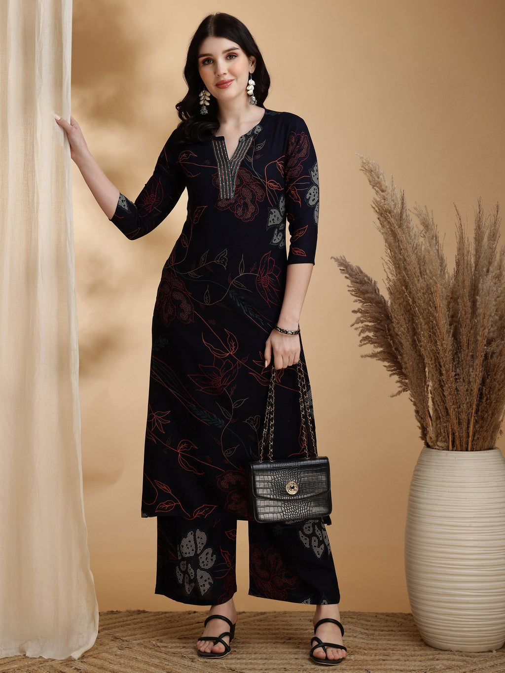 Floral Printed Kurta Pallazo Set, Navy Blue - Hiral Fashion | Grocsy