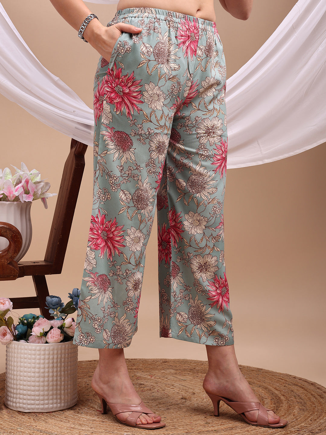 Floral Printed Kurta With Palazzo Pant, Turquoise - Hiral Fashion | Grocsy