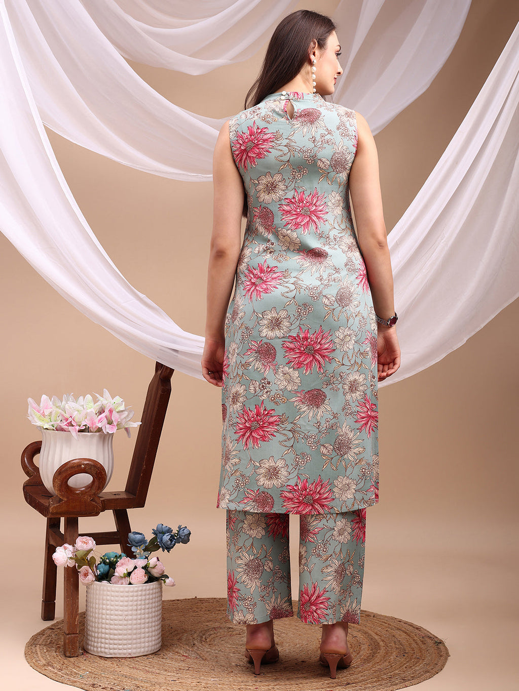 Floral Printed Kurta With Palazzo Pant, Turquoise - Hiral Fashion | Grocsy