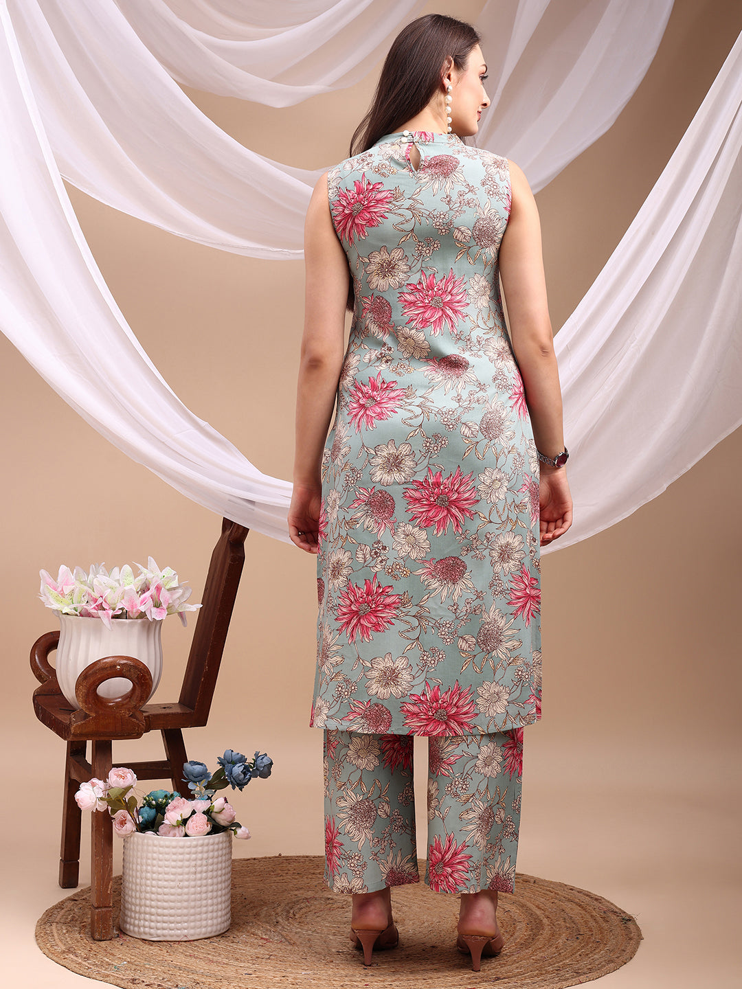 Floral Printed Kurta With Palazzo Pant, Turquoise - Hiral Fashion | Grocsy