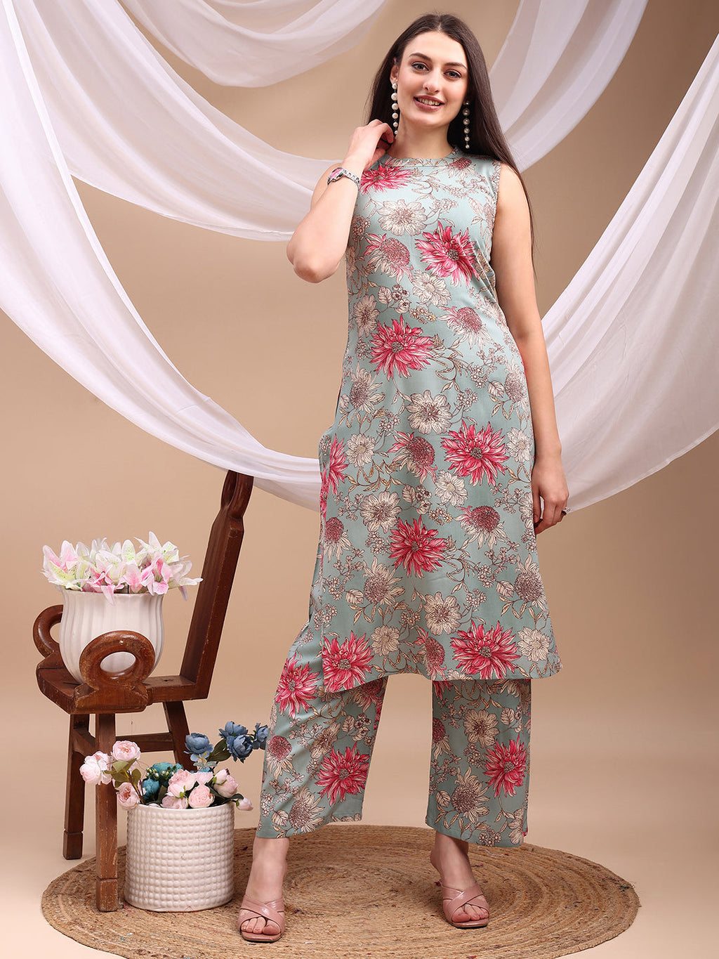 Floral Printed Kurta With Palazzo Pant, Turquoise - Hiral Fashion | Grocsy