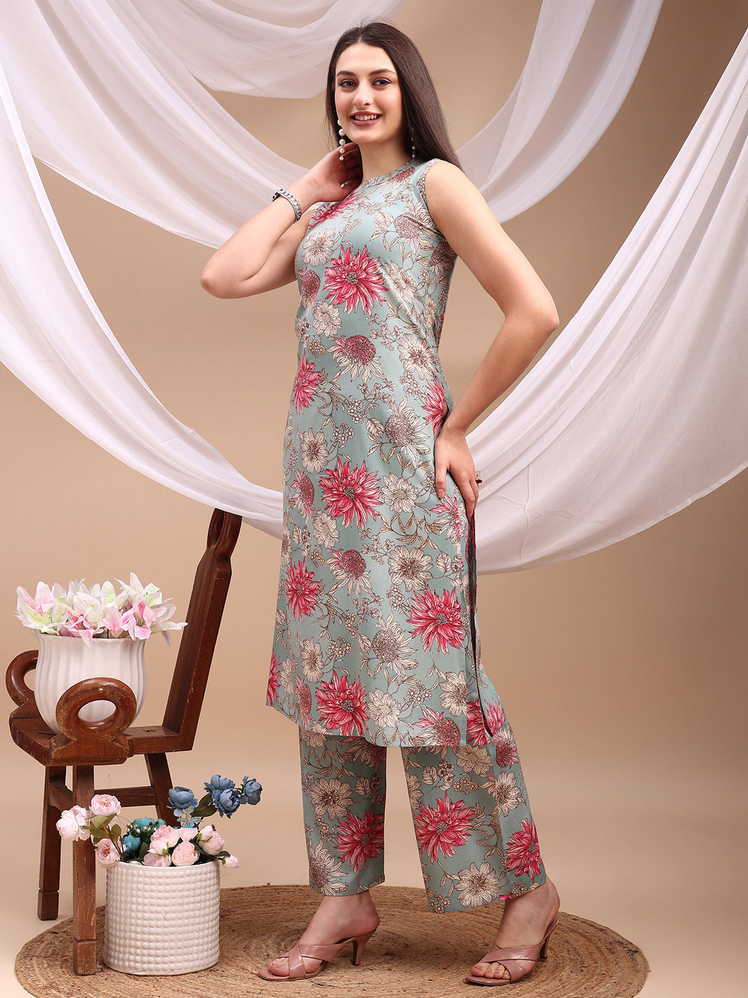 Floral Printed Kurta With Palazzo Pant, Turquoise - Hiral Fashion | Grocsy