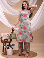 Floral Printed Kurta With Palazzo Pant, Turquoise - Hiral Fashion | Grocsy
