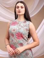 Floral Printed Kurta With Palazzo Pant, Turquoise - Hiral Fashion | Grocsy