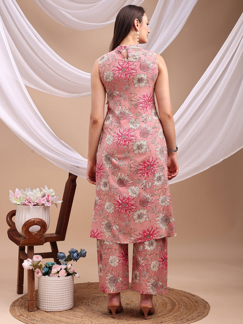 Floral Printed Kurta With Palazzo Pant, Pink - Hiral Fashion | Grocsy