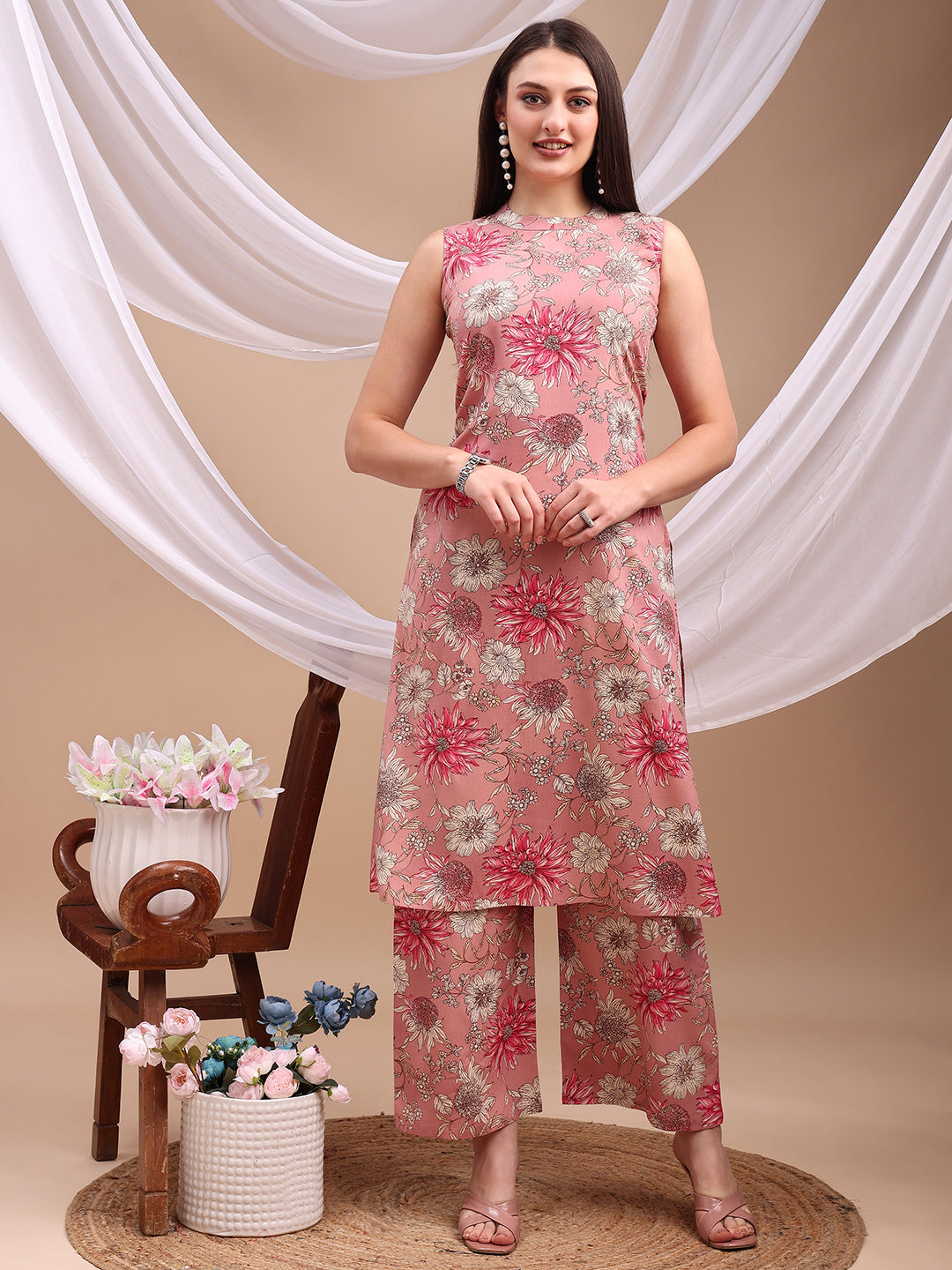 Floral Printed Kurta With Palazzo Pant, Pink - Hiral Fashion | Grocsy