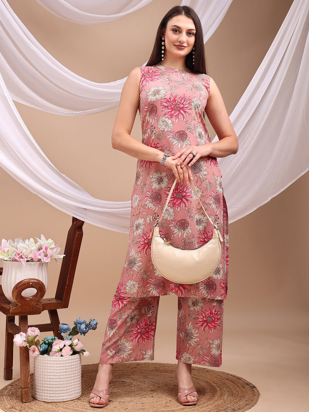 Floral Printed Kurta With Palazzo Pant, Pink - Hiral Fashion | Grocsy