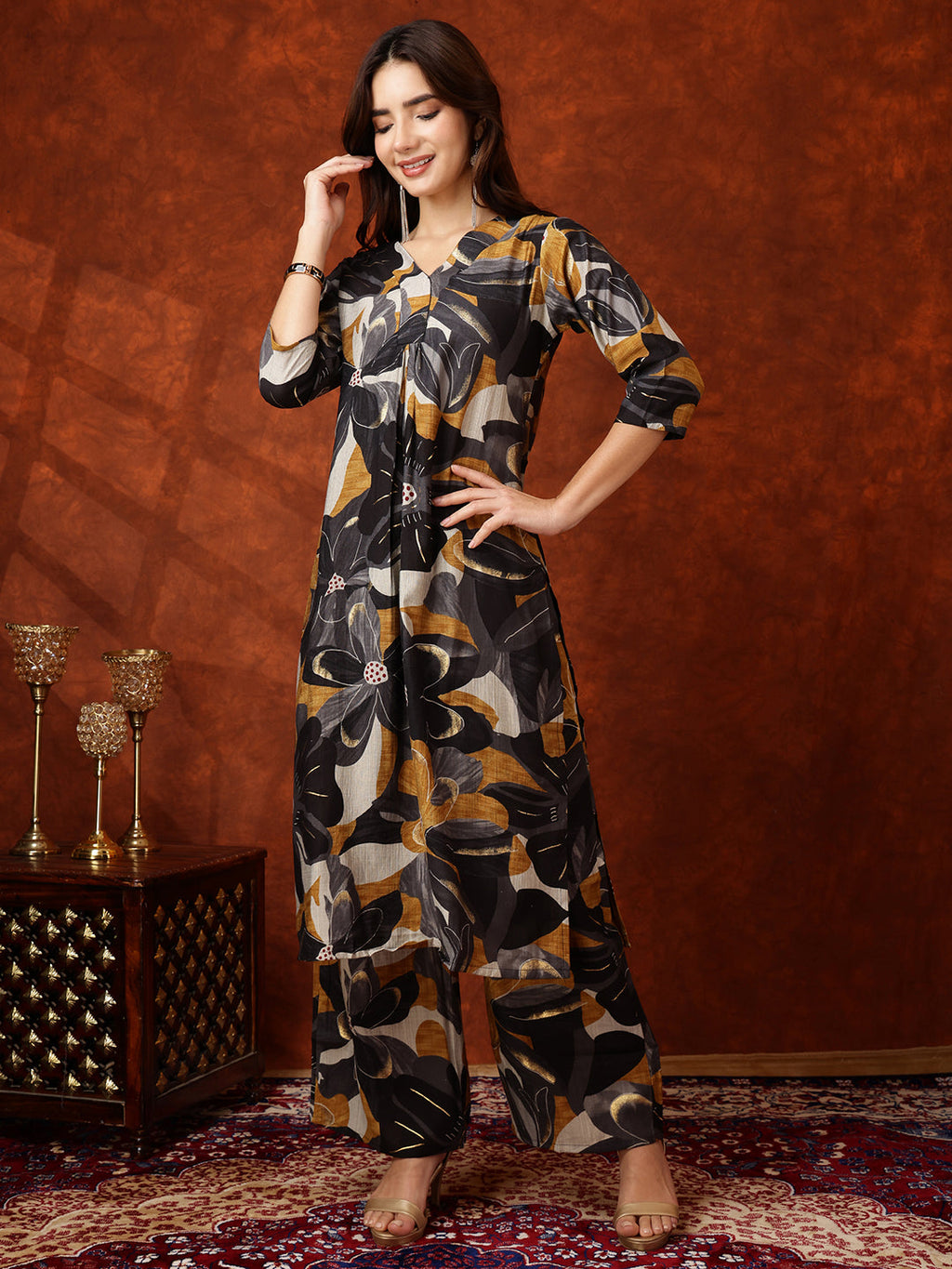 Floral Printed Kurta With Palazzo Pant, Black - Hiral Fashion | Grocsy