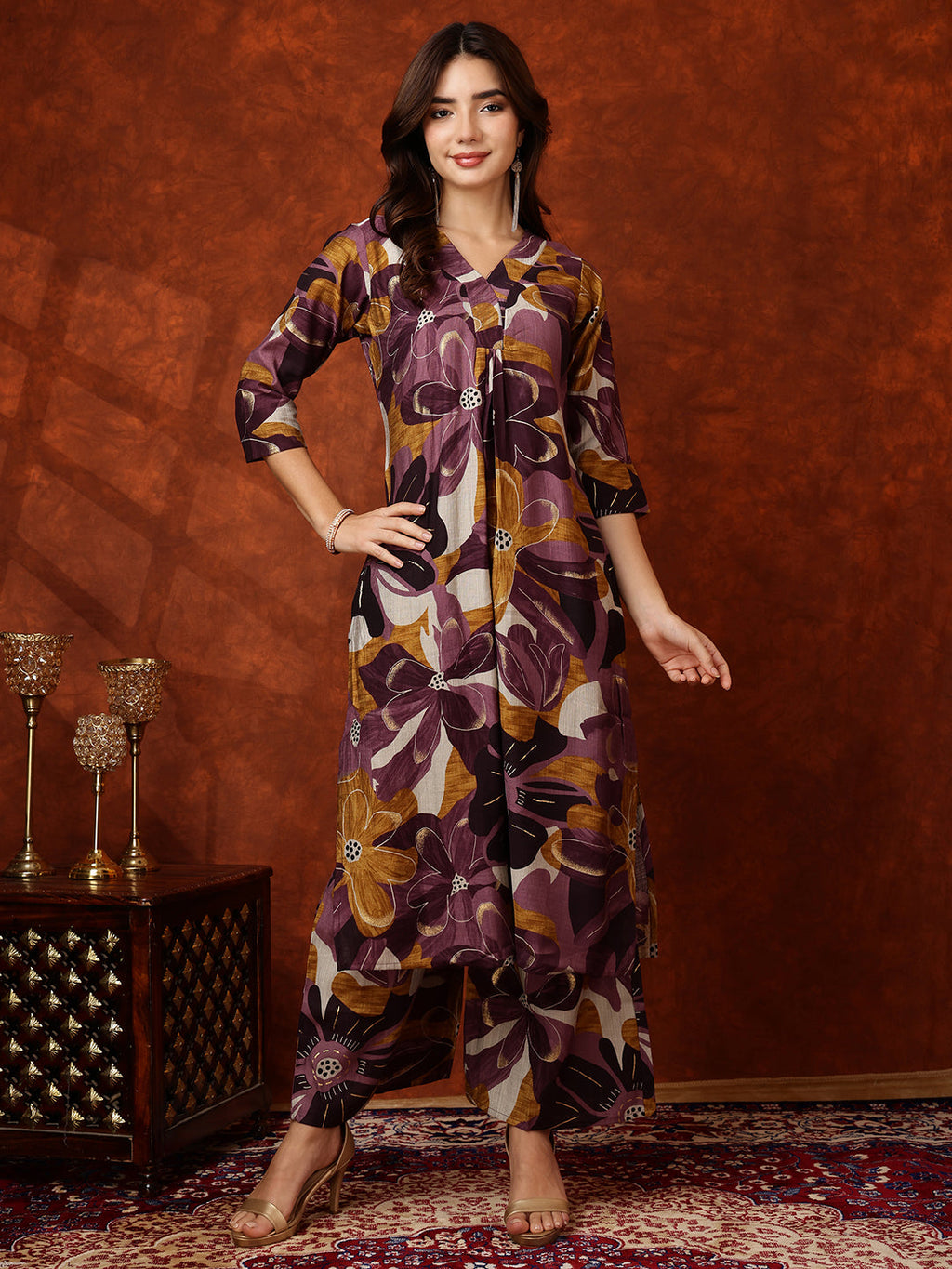 Floral Printed Kurta With Palazzo Pant, Purple - Hiral Fashion | Grocsy