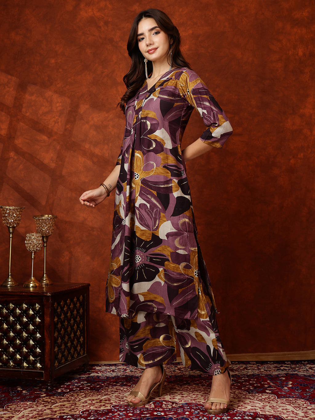 Floral Printed Kurta With Palazzo Pant, Purple - Hiral Fashion | Grocsy