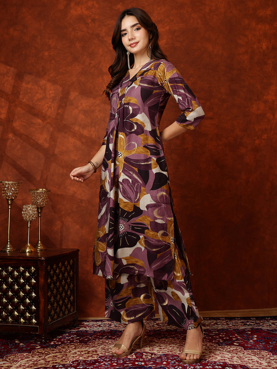Floral Printed Kurta With Palazzo Pant, Purple - Hiral Fashion | Grocsy