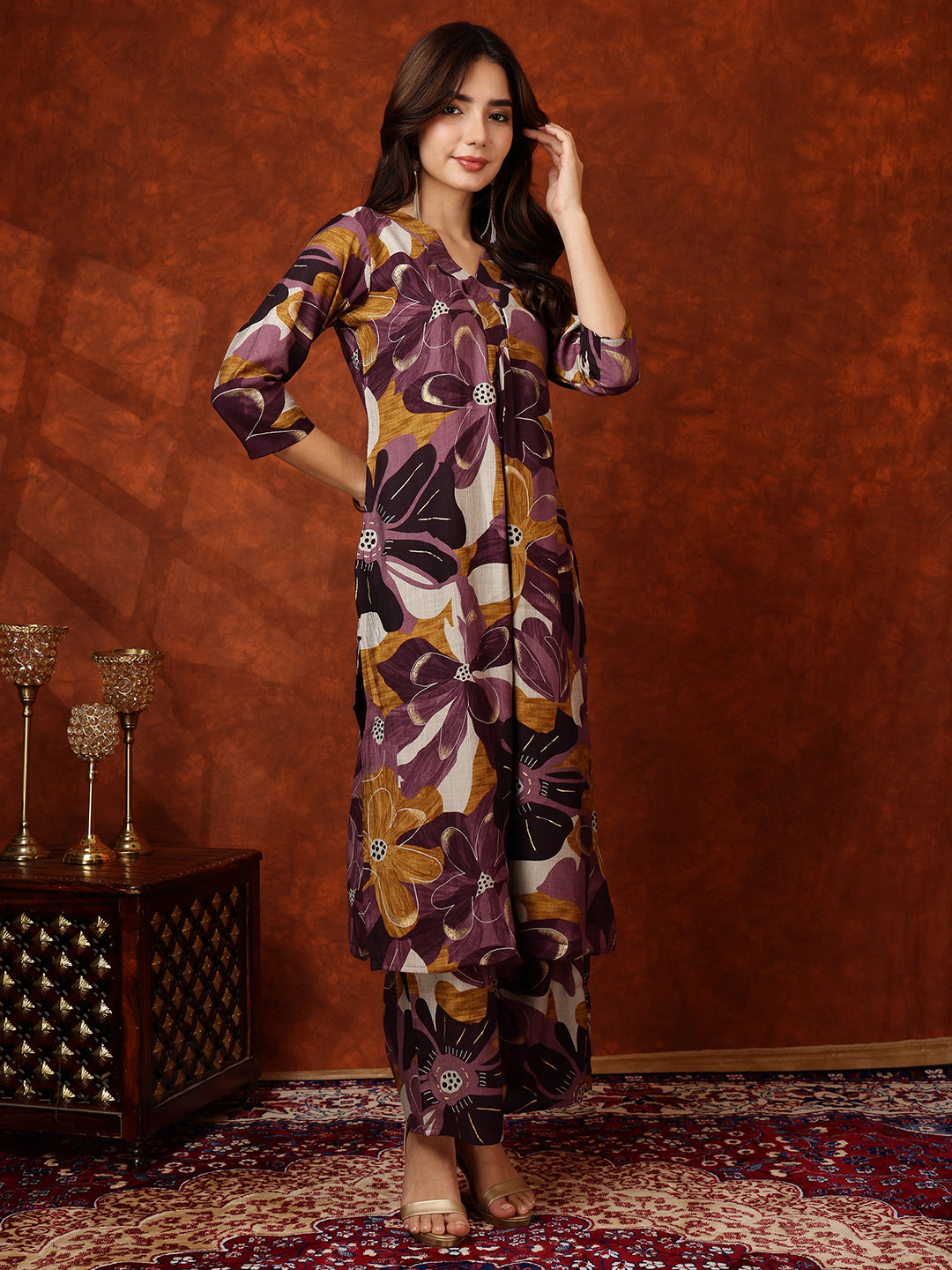 Floral Printed Kurta With Palazzo Pant, Purple - Hiral Fashion | Grocsy