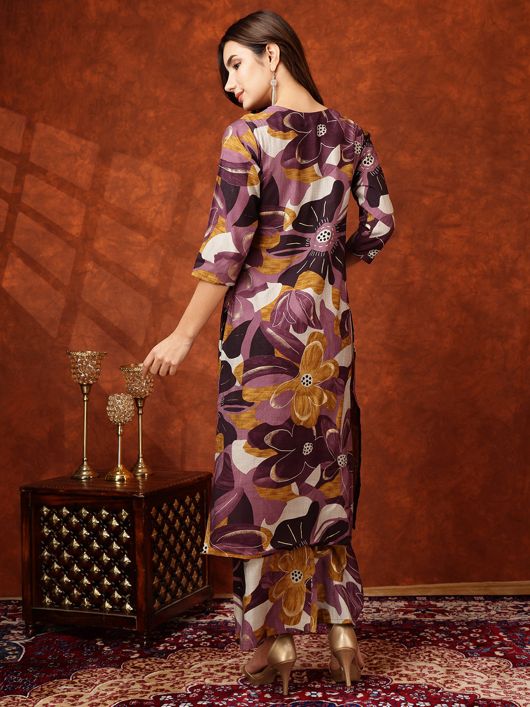 Floral Printed Kurta With Palazzo Pant, Purple - Hiral Fashion | Grocsy