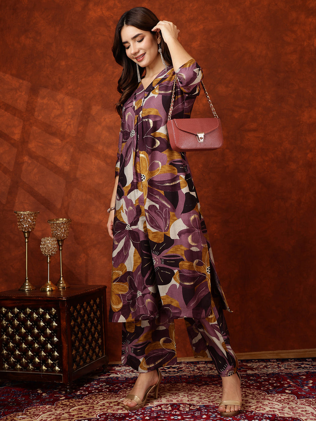 Floral Printed Kurta With Palazzo Pant, Purple - Hiral Fashion | Grocsy
