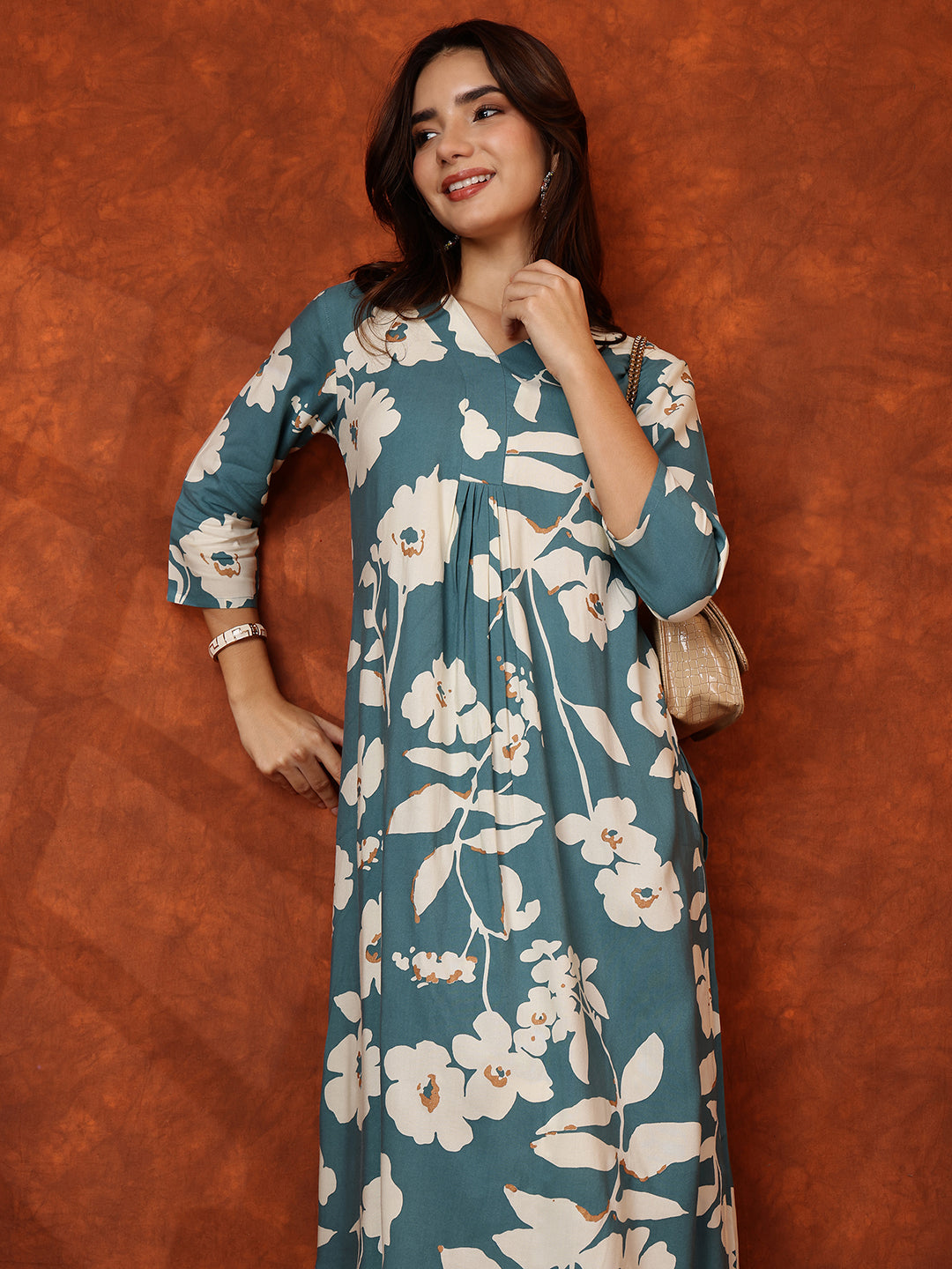 Botanical Printed Kurta With Palazzo Pant, Turquoise - Hiral Fashion | Grocsy