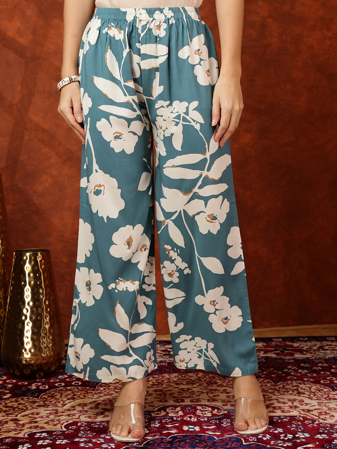 Botanical Printed Kurta With Palazzo Pant, Turquoise - Hiral Fashion | Grocsy