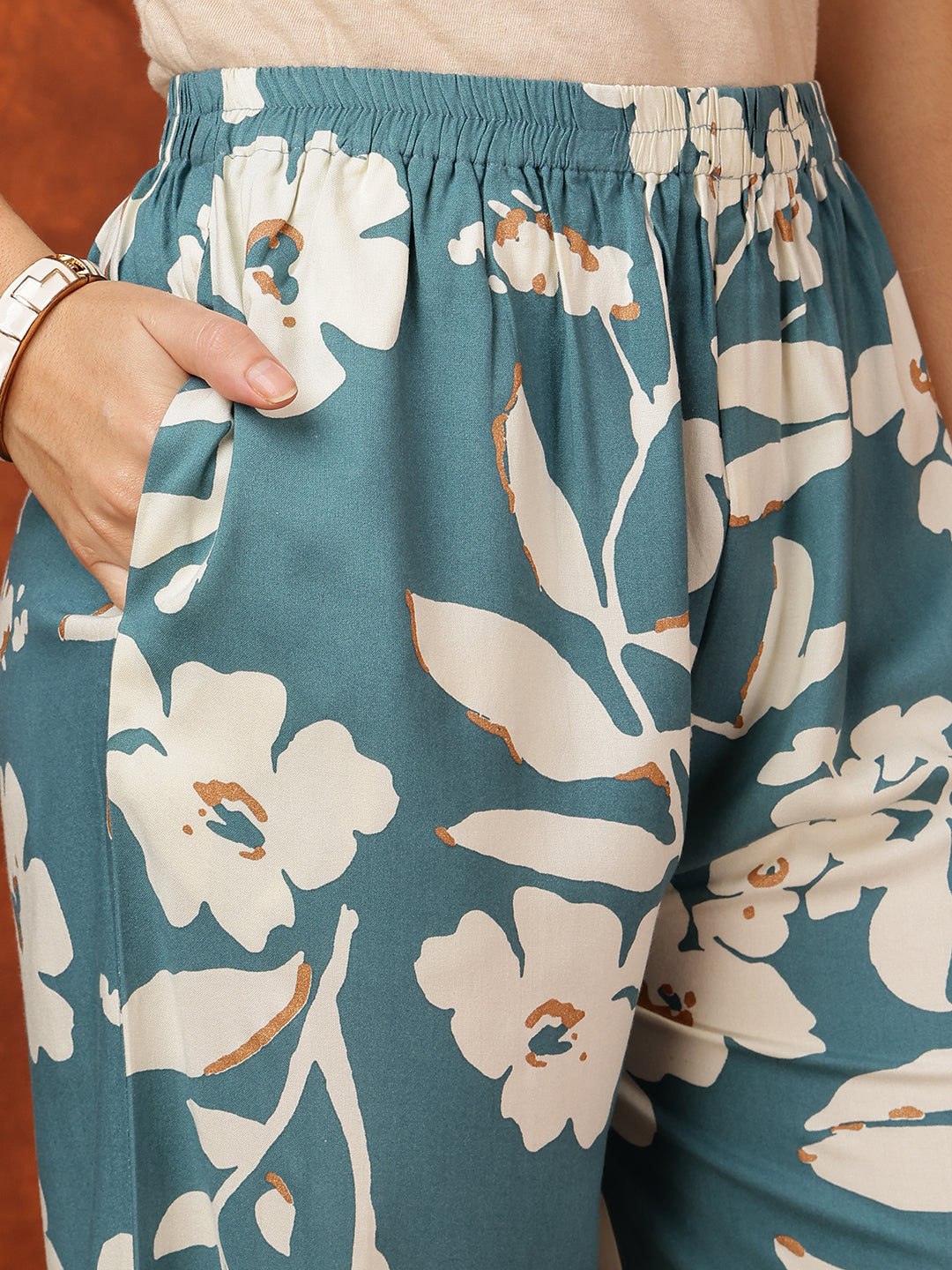 Botanical Printed Kurta With Palazzo Pant, Turquoise - Hiral Fashion | Grocsy
