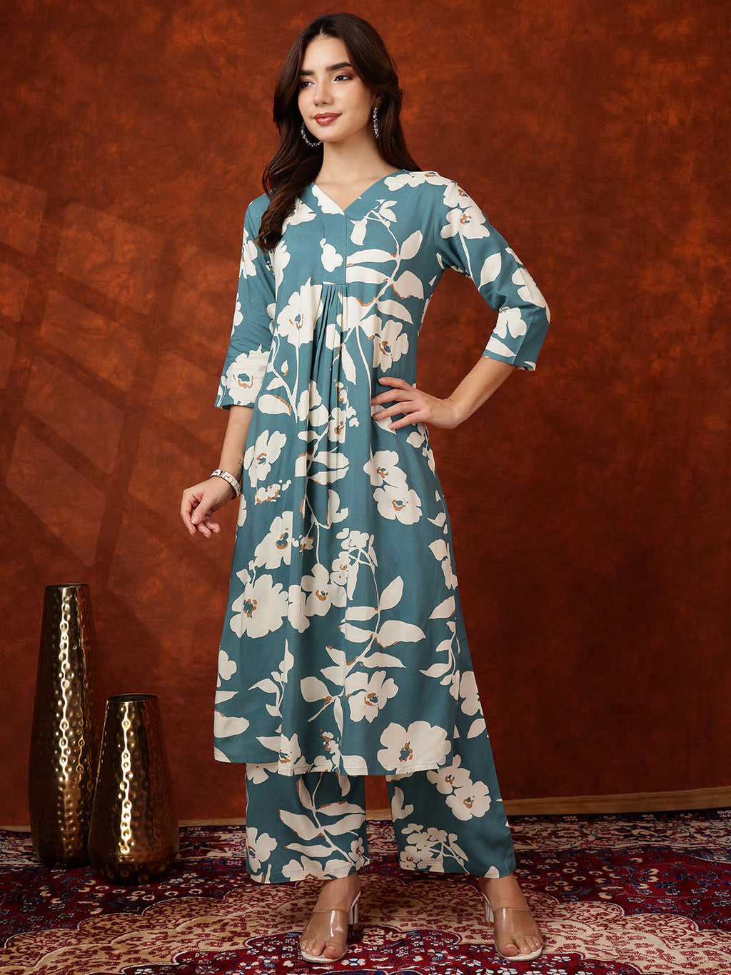 Botanical Printed Kurta With Palazzo Pant, Turquoise - Hiral Fashion | Grocsy