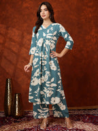 Botanical Printed Kurta With Palazzo Pant, Turquoise - Hiral Fashion | Grocsy