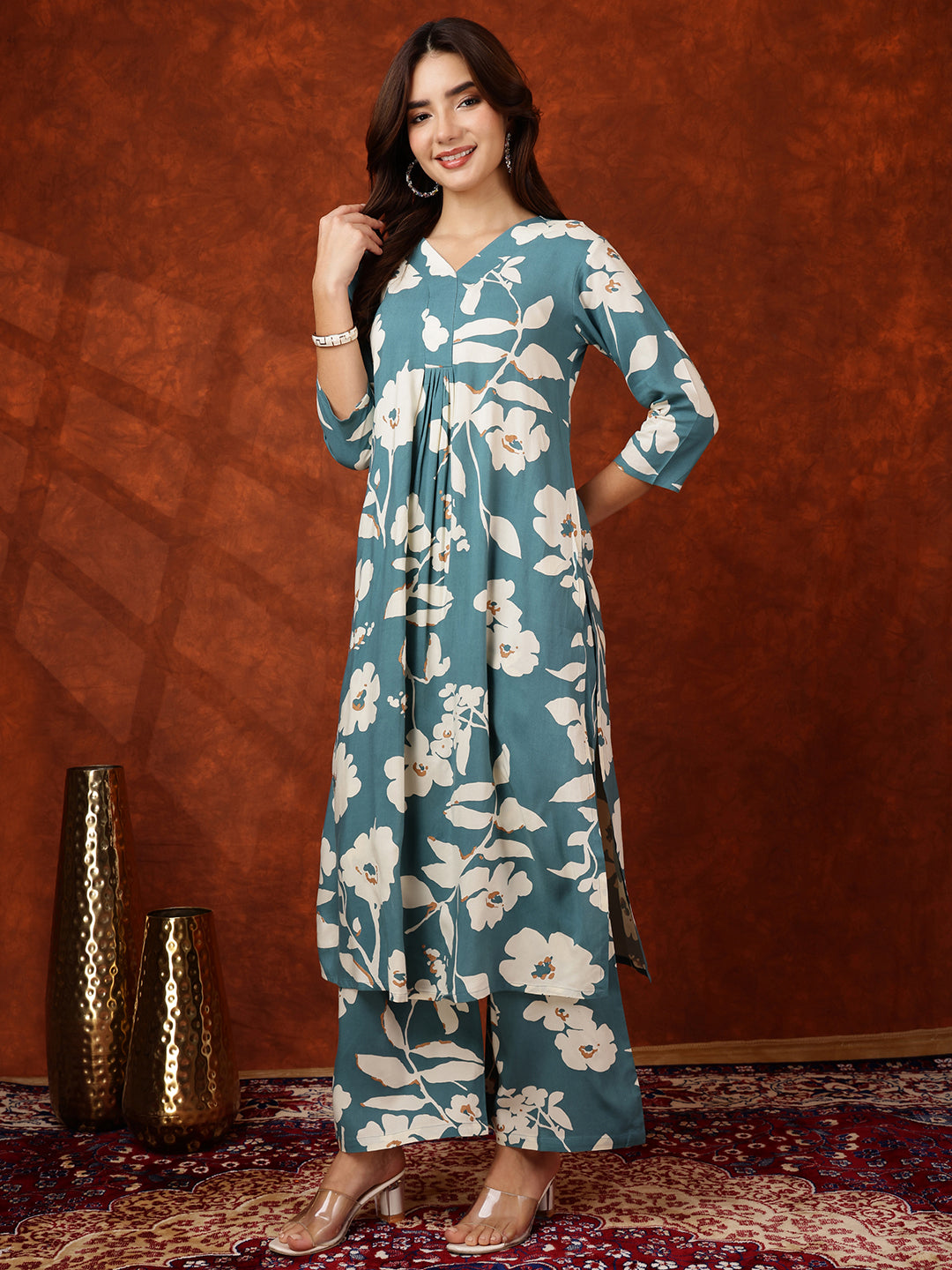 Botanical Printed Kurta With Palazzo Pant, Turquoise - Hiral Fashion | Grocsy