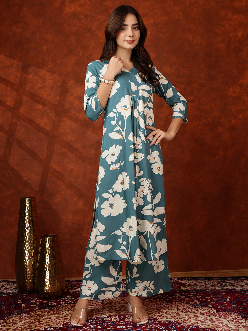 Botanical Printed Kurta With Palazzo Pant, Turquoise - Hiral Fashion | Grocsy