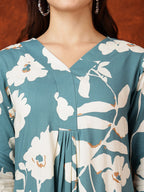 Botanical Printed Kurta With Palazzo Pant, Turquoise - Hiral Fashion | Grocsy