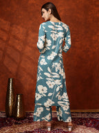 Botanical Printed Kurta With Palazzo Pant, Turquoise - Hiral Fashion | Grocsy